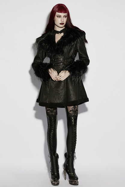 Black Plush Lapel Collar Long Sleeves Buckle Straps Women's Gothic Coat