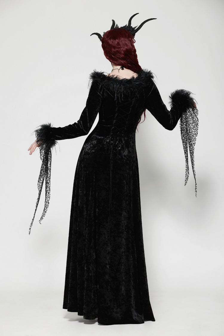 Black Long Sleeves Velvet Lace Women's Gothic Maxi Dress Wedding Dress