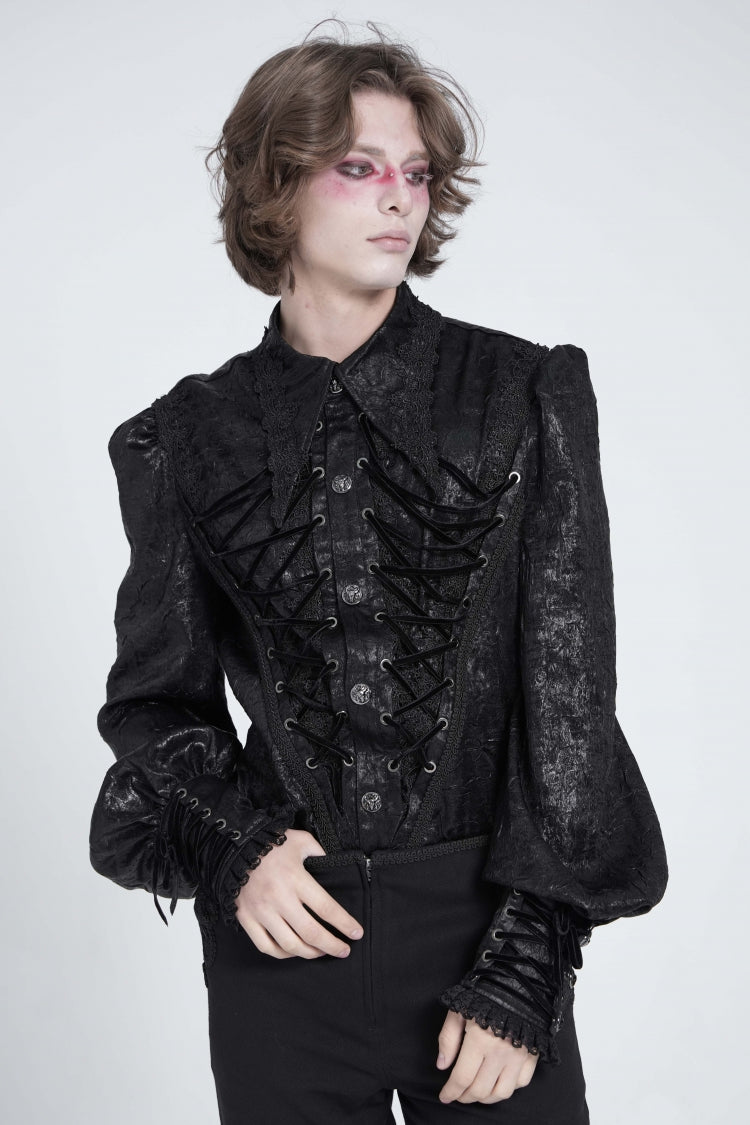 Black Long Puff Sleeves Jacquard Lace Men's Gothic Blouse