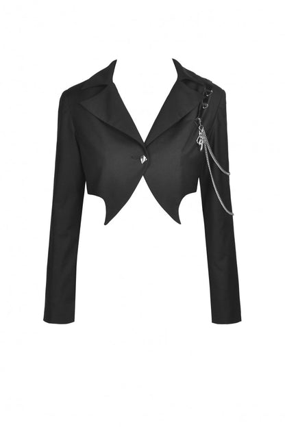Black Lapel Collar Long Sleeves Chain-Decorated Women's Punk Irregular Short Jacket