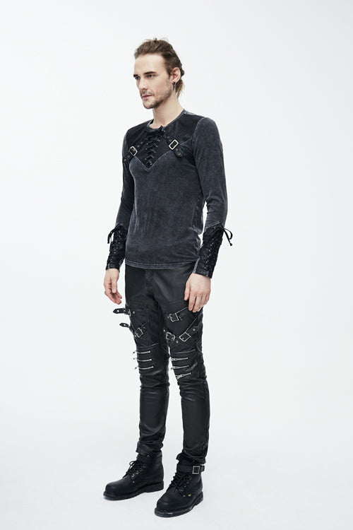 Black Faded Long Sleeves Lace Up Mens Punk T-Shirt