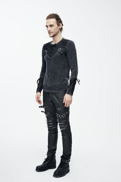Black Faded Long Sleeves Lace Up Mens Punk T-Shirt