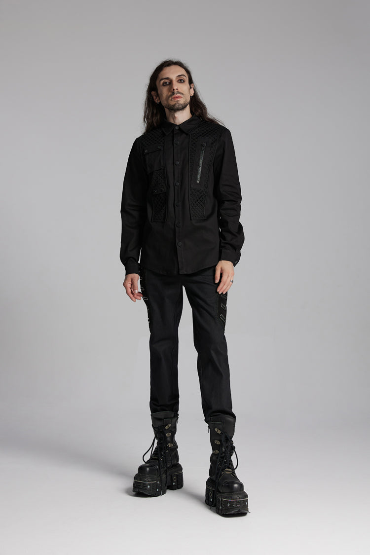 Black Lapel Collar Long Sleeves Zip Mesh Pocket Men's Punk Blouse