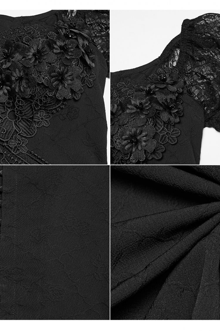 Black Off Shoulder Short Puff Sleeves Ruffled Hanayome Embroidered Lace Women's Gothic Elegant Gorgeous Dress