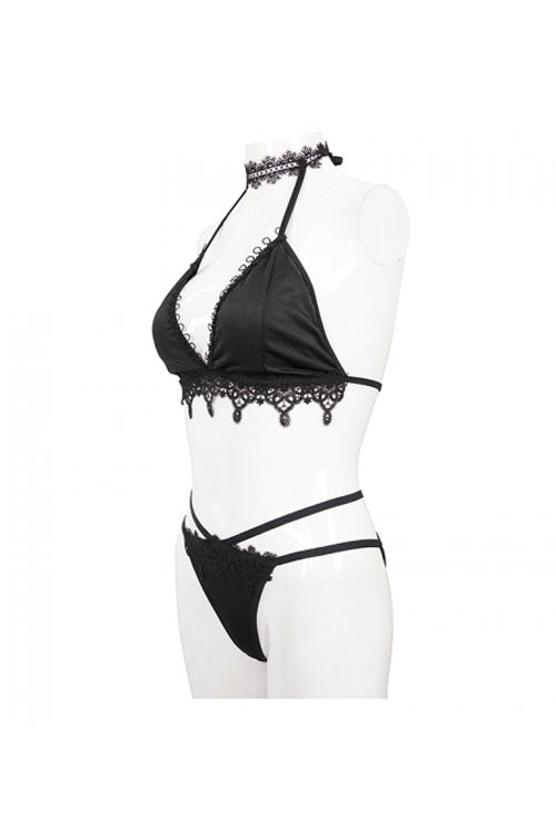 Black Gothic Lace Collar Lace Up Bikini Swimsuit