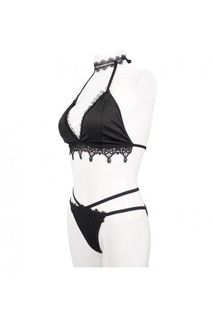 Black Gothic Lace Collar Lace Up Bikini Swimsuit