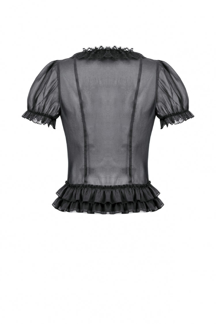 Black Deep V Collar Short Puff Sleeves Multi-Layered Ruffled Lace Sheer Women's Gothic Blouse