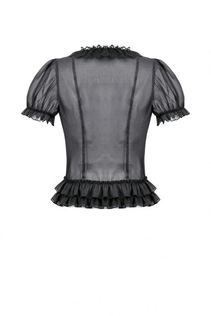 Black Deep V Collar Short Puff Sleeves Multi-Layered Ruffled Lace Sheer Women's Gothic Blouse