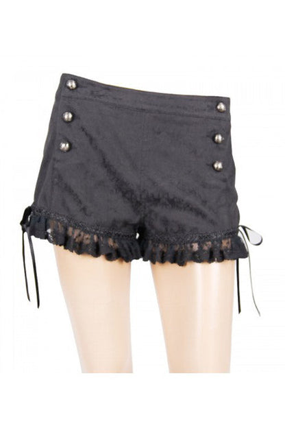 Black Front Double Breasted Buttons Waist Lace Up Frill Lace Hem Gothic Jacquard Short Womens Pants