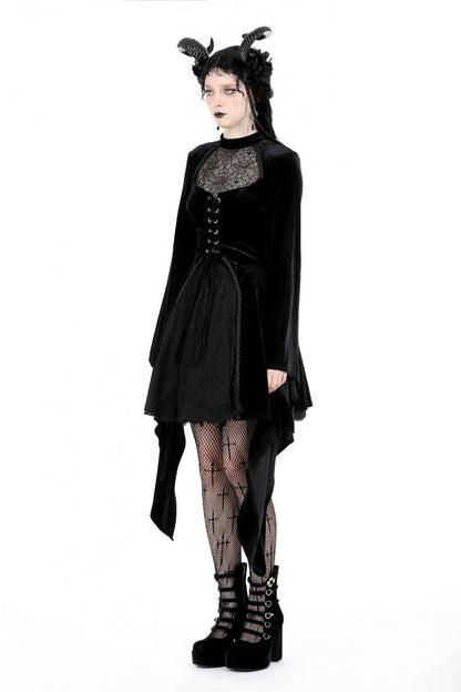 Black Long Trumpet Sleeves Spliced Lace-Up Spider Mesh Women's Gothic Velvet Wedding Dress