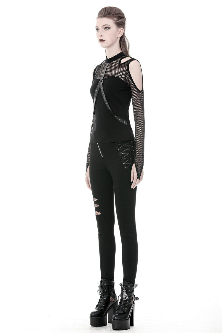 Black Off Shoulder Long Sleeves Mesh Crossed Harness Straps Eyelet Sexy Women's Punk Top