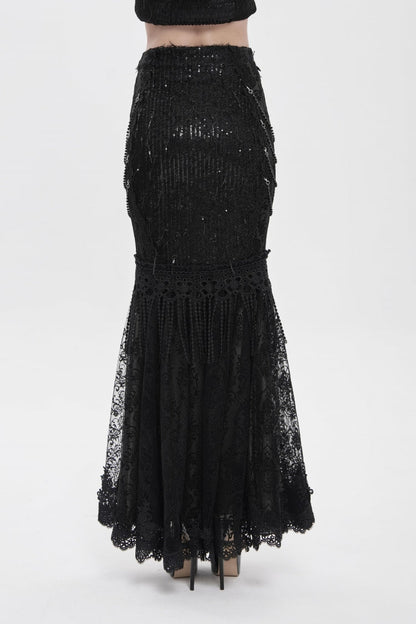 Black Double-Layered Embroidered Lace Slim Pearl-Decorated Women's Gothic Skirt