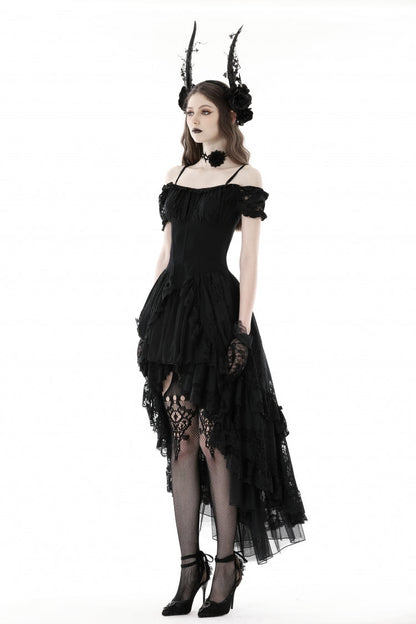 Black Boat Neck Off Shoulder Short Puff Sleeves Ruffled Lace Lace-Up Irregular Women's Gothic Dovetail Dress