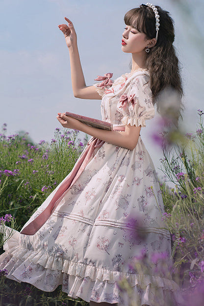 Beige Round Collar Short Sleeves Flower Print High Waist Sweet Lolita OP Dress