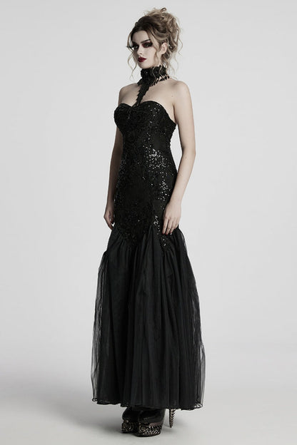 Black Off Shoulder Embroidery Lace Slim Women's Gothic Gown Fishtail Dress