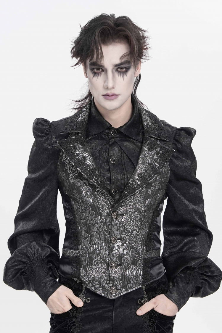 Black Lapel Collar Off Shoulder Halterneck Sleeveless Jacquard Lace Slim Color-Blocked Men's Gothic Palace Vest