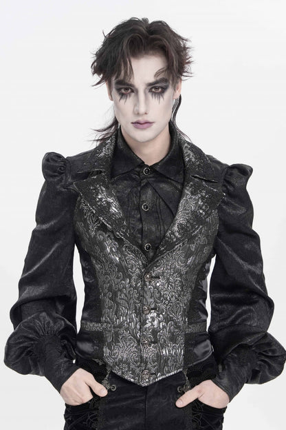 Black Lapel Collar Off Shoulder Halterneck Sleeveless Jacquard Lace Slim Color-Blocked Men's Gothic Palace Vest
