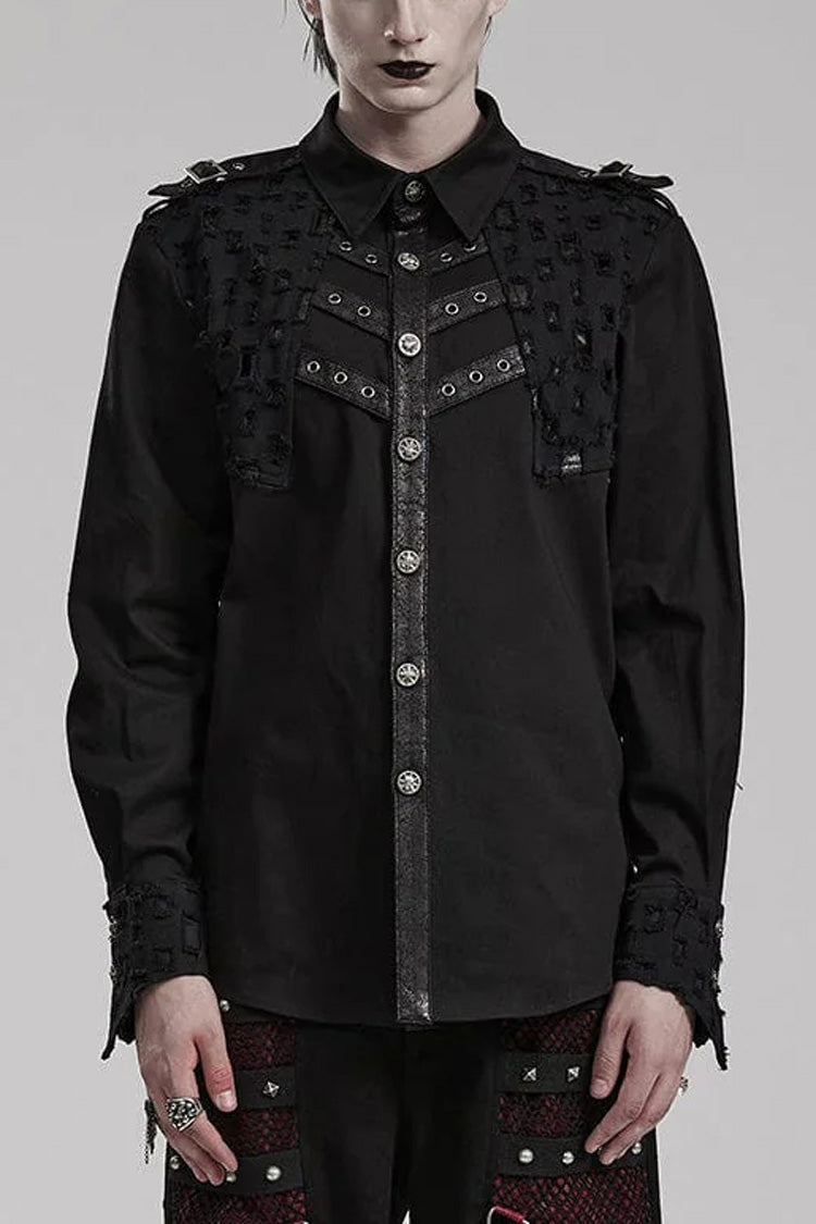 Black Hollow Hole Stitching Mens Steampunk Blouse