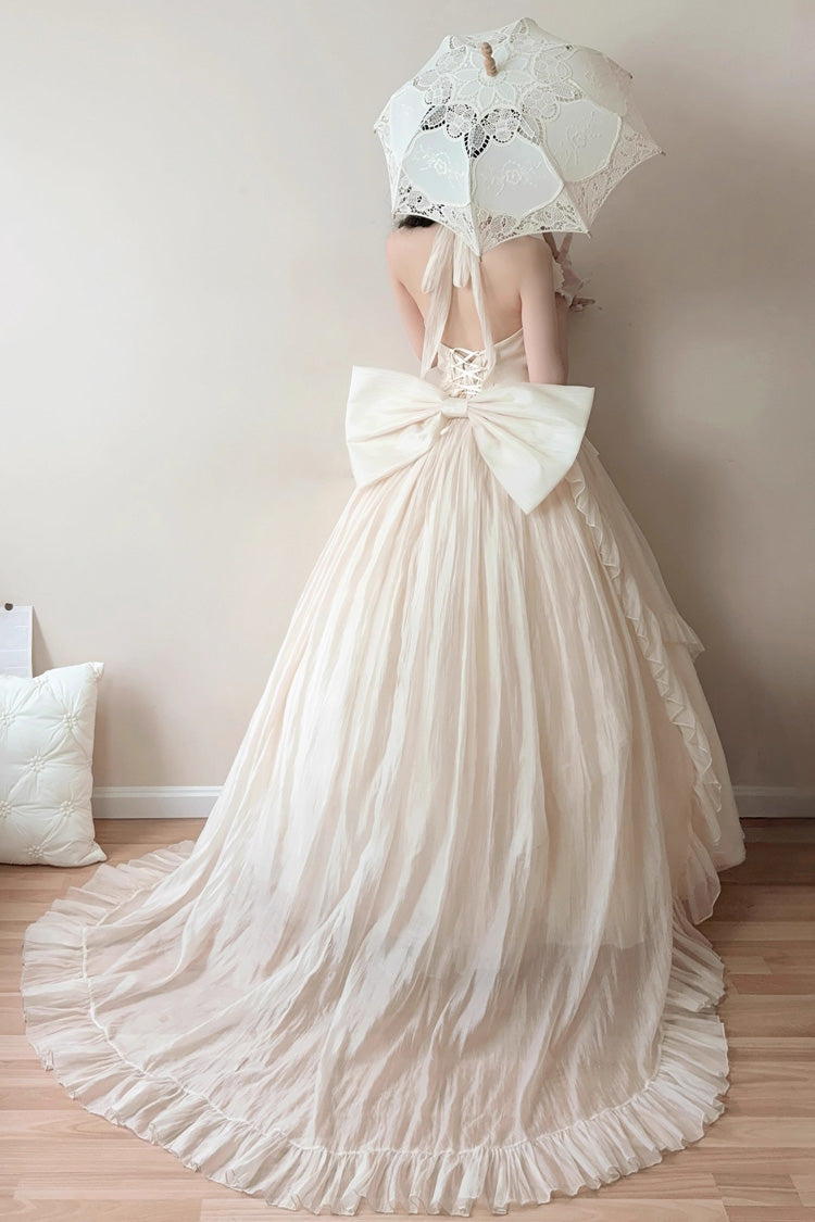 Apricot Halterneck Sleeveless Ruffle Bowknot Lace Sweet Princess Lolita Jsk Long Dress Set