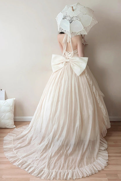 Apricot Halterneck Sleeveless Ruffle Bowknot Lace Sweet Princess Lolita Jsk Long Dress Set