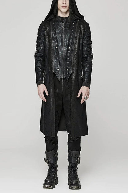Black Crackled Mesh Hollow Stitching Hooded Mens Steampunk Coat