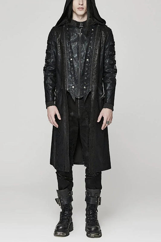Black Crackled Mesh Hollow Stitching Hooded Mens Steampunk Coat