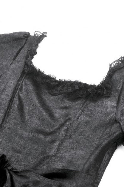 Black Lace Square Collar Short Puff Sleeves Lace-Up Ruched Women's Gothic Wedding Dress