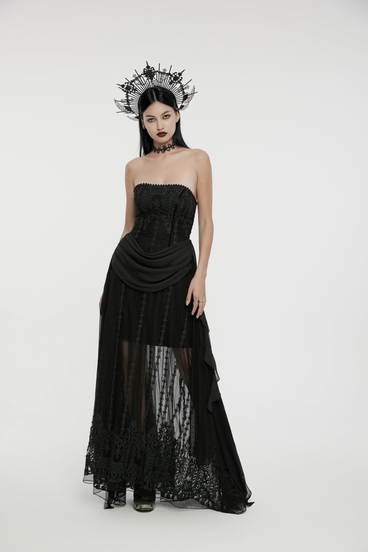 Black Off Shoulder Sleeveless Spliced Lace-Up Slim Pleated Women's Gothic Corset  Chiffon Strapless Dress