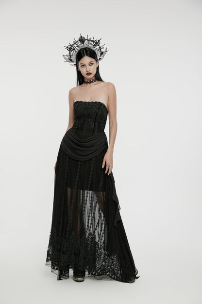 Black Off Shoulder Sleeveless Spliced Lace-Up Slim Pleated Women's Gothic Corset  Chiffon Strapless Dress
