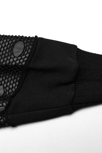 Black Long Sleeves Print Metal Eyelet Lace-Up Hooded Womens Steampunk Jacket