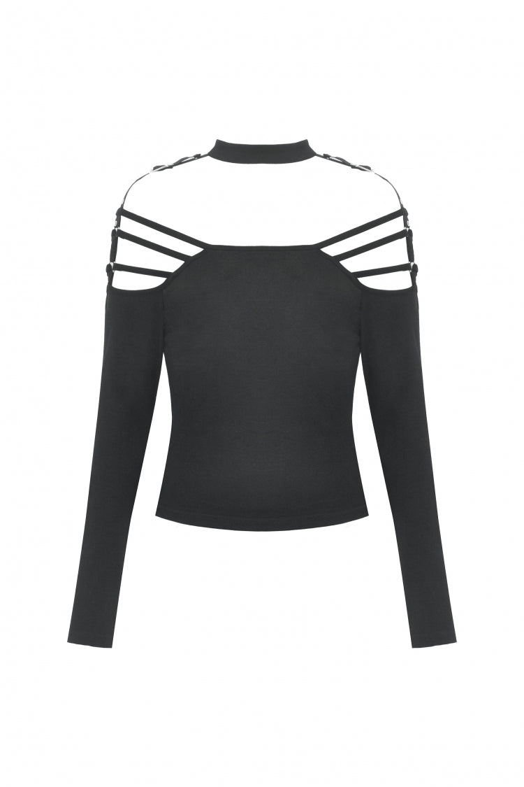 Black Off Shoulder Long Sleeves Cut-Out Buckled Women's Punk Blouse