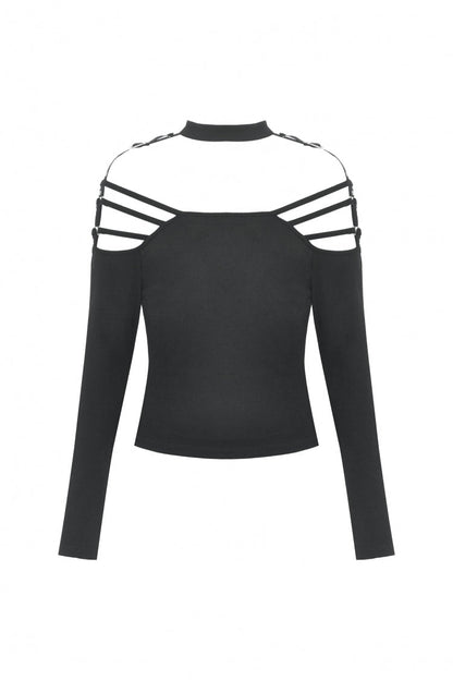 Black Off Shoulder Long Sleeves Cut-Out Buckled Women's Punk Blouse