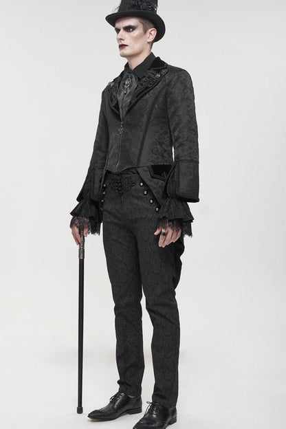 Black Gothic Embroidered Print Pattern Metal Pattern Buckle Decoration Trumpet Sleeve Men's Swallowtail Coat