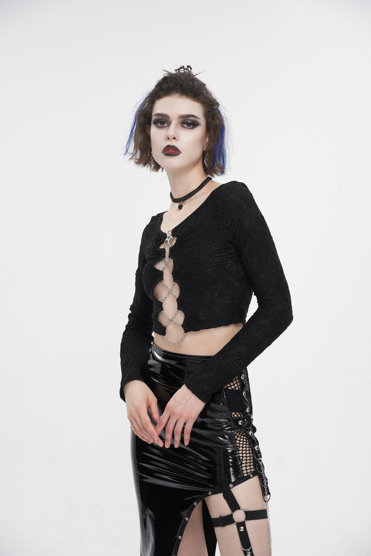 Black Cutout Ruched Chain Women's Punk Jacket