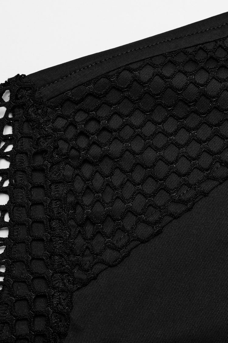 Black Lapel Collar Short Sleeves Mesh Stitching Men's Punk Blouse