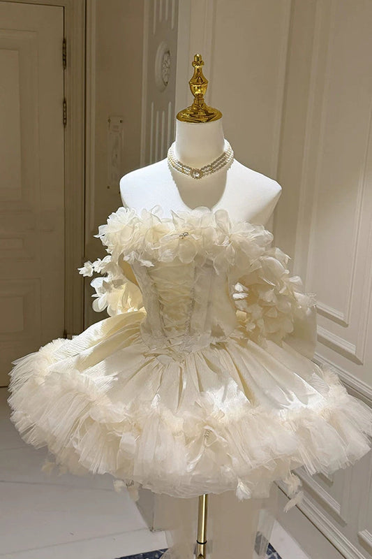 Apricot [Dream Confession] Sleeveless Multi-Layered Ruffled Hanayome Bow Lace Lace-Up Sweet Lolita Jsk Dress Short Version