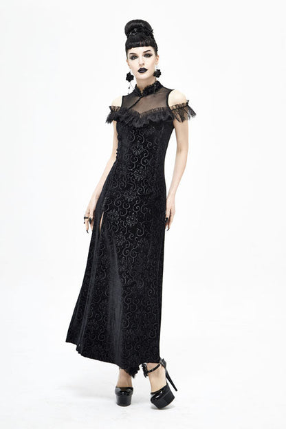 Black Cheongsam Velvet Three Dimensional Print Gothic Dress