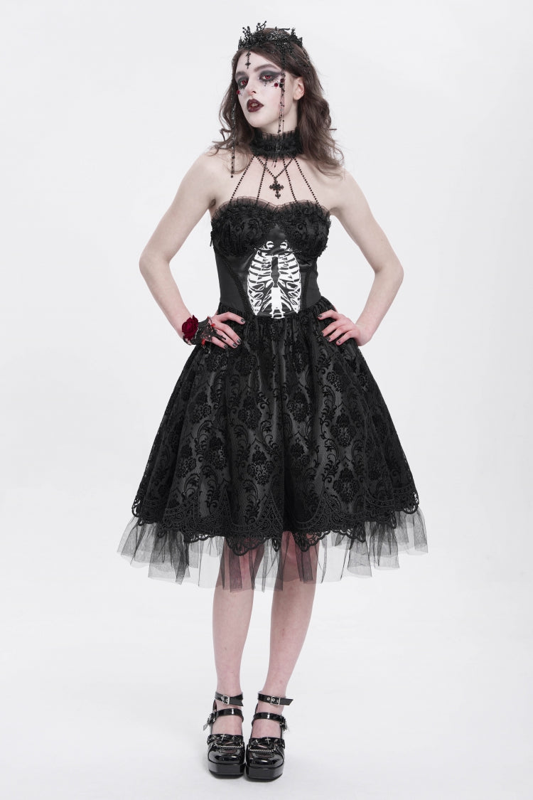 Black Halterneck Skeleton Print Embroidery Stitching Lace Women's Gothic Dress