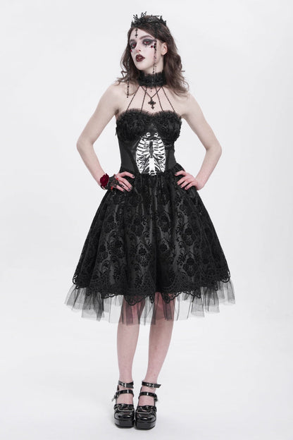 Black Halterneck Skeleton Print Embroidery Stitching Lace Women's Gothic Dress