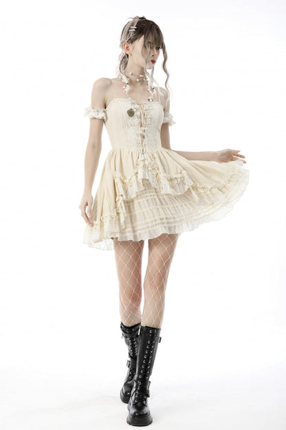 Apricot Short Sleeves Multi-Layered Ruffled Lace Women's Steampunk Slip Graduation Dress