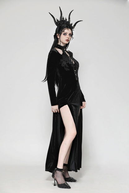 Black Long Sleeves Cut-Out Lace-Up Women's Gothic Side Slit Velvet Party Dress Wedding Dress