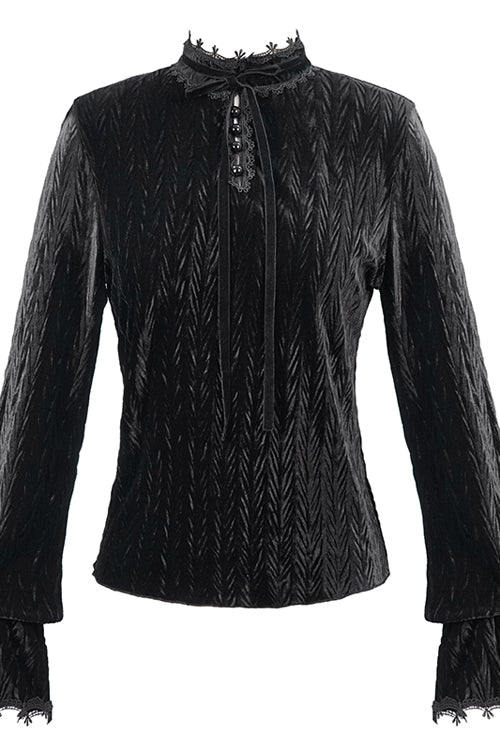 Black Pleated Velvet Trumpet Sleeves Womens Gothic Blouse