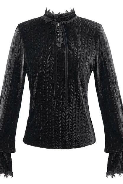 Black Pleated Velvet Trumpet Sleeves Womens Gothic Blouse