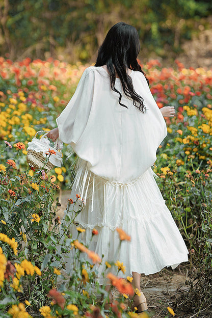 Apricot Bohemian Style Sleeveless Ruffled Embroidered Sweet Lolita Skirt Set