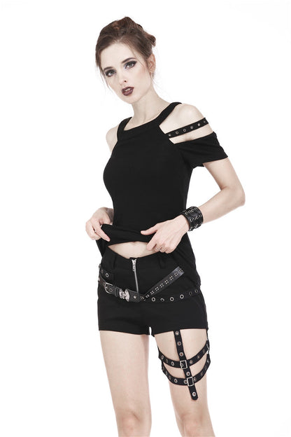 Black Off Shoulder Straps Short Sleeves Cut-Out Women's T-Shirt