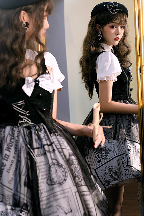 Black Fake Two Pieces Vintage Printed Irregular Hem Classic Lolita Dress