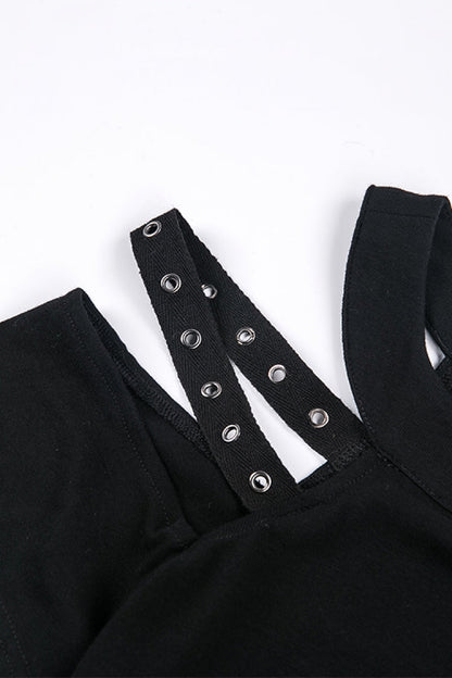 Black Off Shoulder Straps Short Sleeves Cut-Out Women's T-Shirt