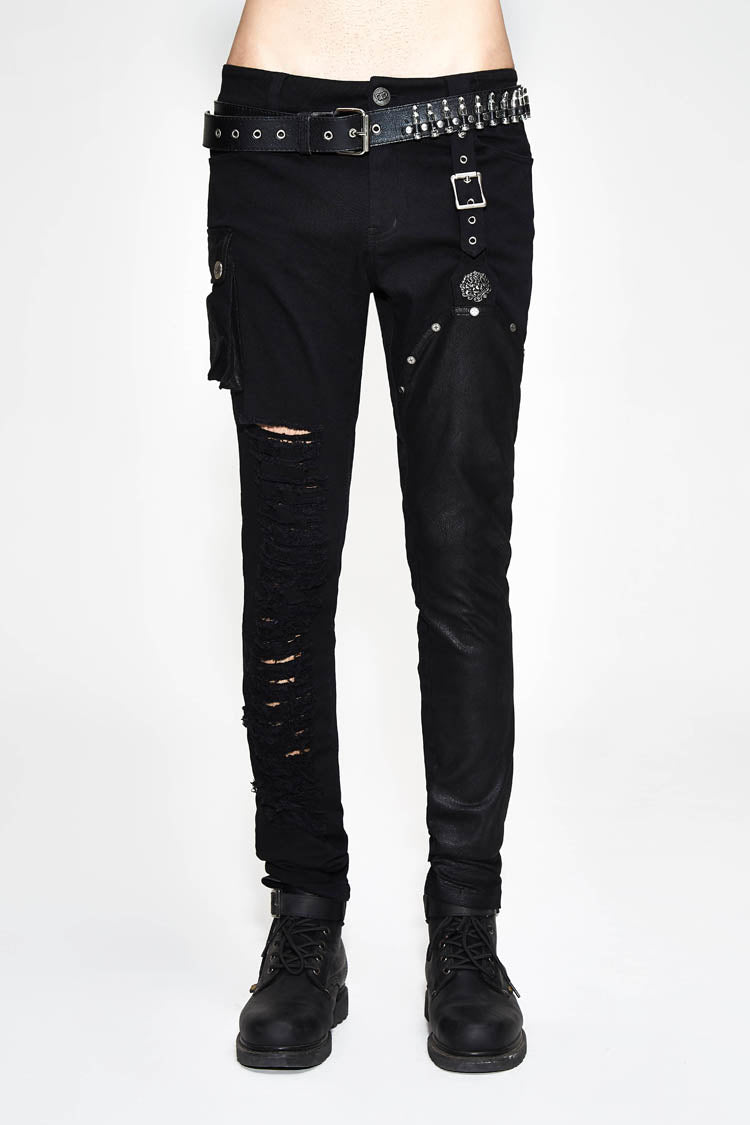 Black Asymmetric Broken Hole Glued Suede Rivet Men's Punk Pants
