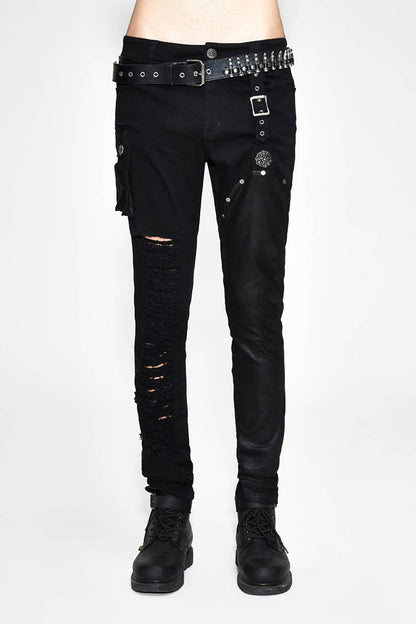 Black Asymmetric Broken Hole Glued Suede Rivet Men's Punk Pants