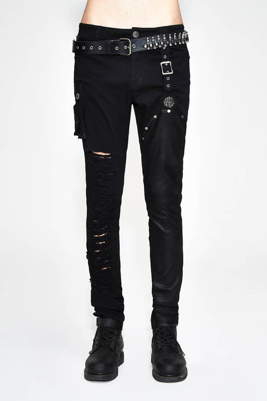 Black Asymmetric Broken Hole Glued Suede Rivet Men's Punk Pants